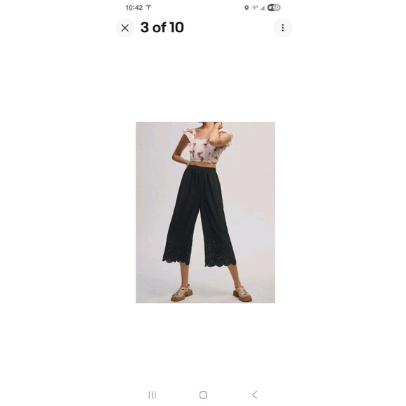 NWT By Anthropologie Wide-Leg Eyelet Crop Pants Black Embroidery Pockets Women 6 - Picture 4 of 12